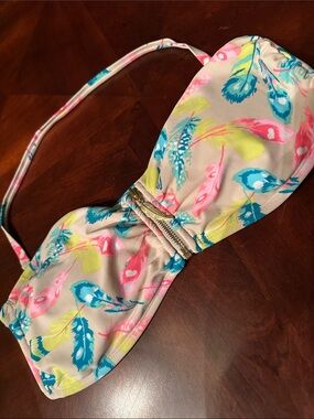 Xhilaration Feather-Print Bandeau Swimsuit Top - Pink, Teal & Neon Yellow